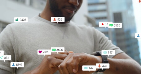 Image of social media icons with numbers over african american man using smartwatch