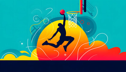 Naklejka premium Extreme sports illustration, digital vector basketball adventure Wallpaper 4K Background Generative AI