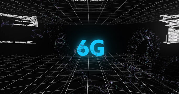 Image of scope scanning, 6g text, network of connections and data processing