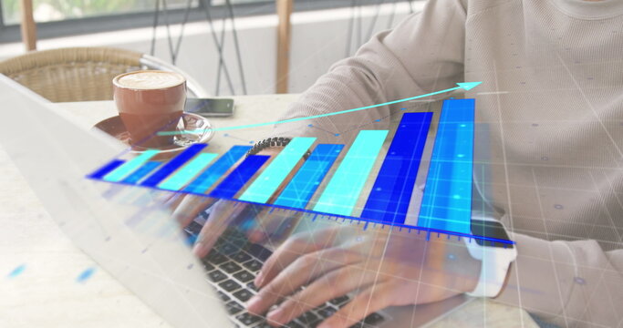 Image of statistical data processing against biracial man using laptop at a cafe - Powered by Adobe