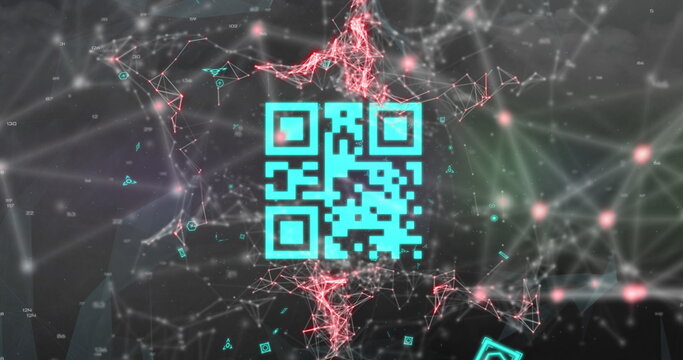 Image of neon barcode scanner and network of connections against dark clouds