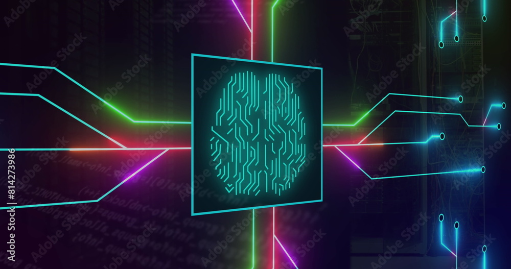 Poster image of circuit board pattern around brain over computer language against server room