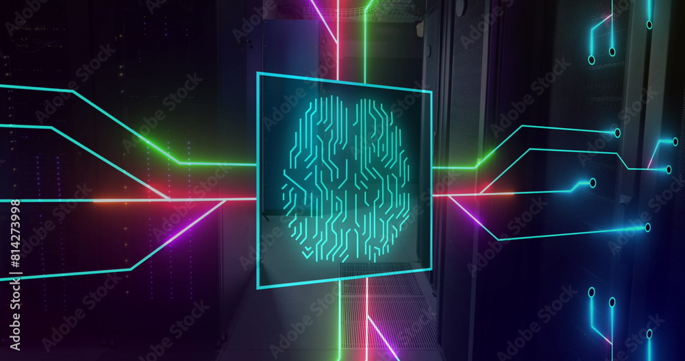Poster image of illuminated circuit board pattern around brain in square over server room
