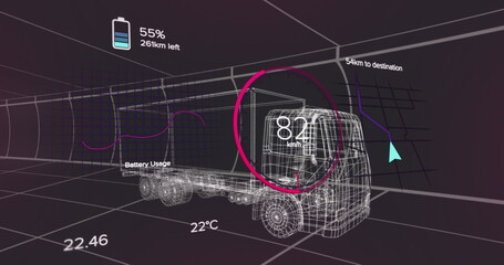 Image of 3d model of car with digital interface and data processing