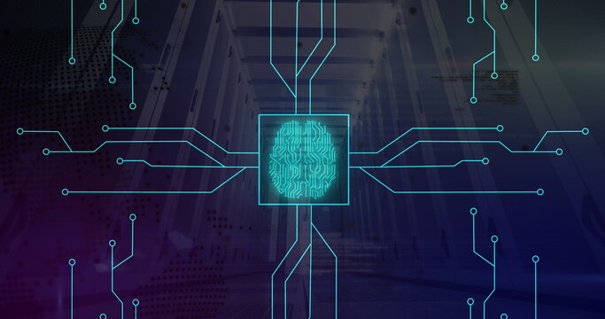Image of circuit board pattern, brain in square, globe against low angle view of server room