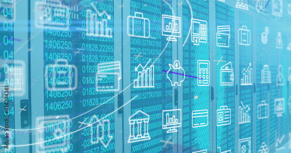 Poster image of multiple icons over changing numbers and circles over server racks in server room