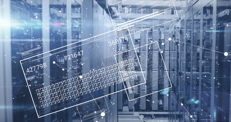 Image of data processing and shapes over server room
