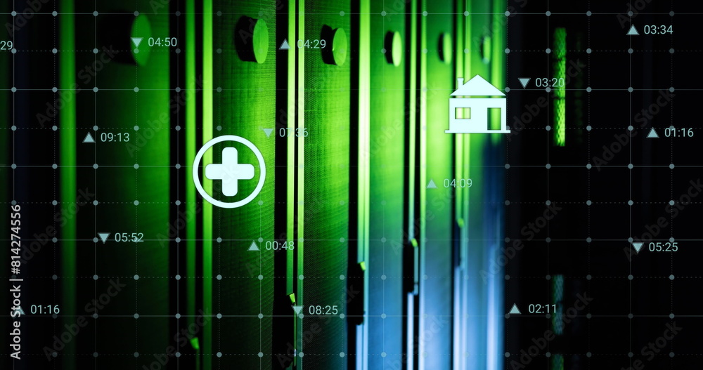 Poster image of icons and data processing over computer servers