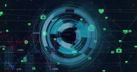 Image of network of digital icons over spinning round scanner and statistical data processing