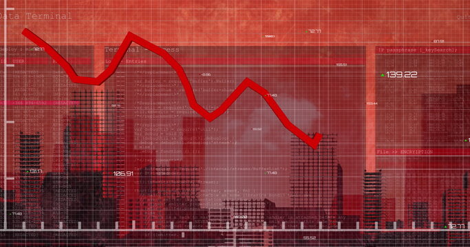 Image of statistical data processing over grid network against view of cityscape