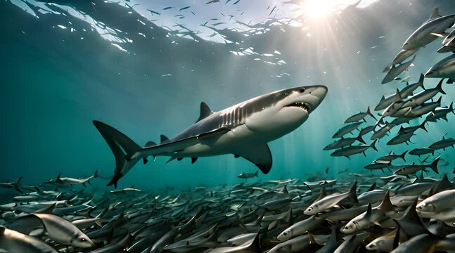 La poursuite d&rsquo;un requin dans un banc de sardines