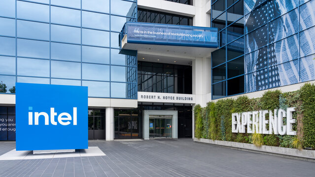 Santa Clara, California, USA - June 10, 2023: Intel headquarters in Santa Clara, California, USA. Intel Corporation is an American multinational corporation and technology company. 