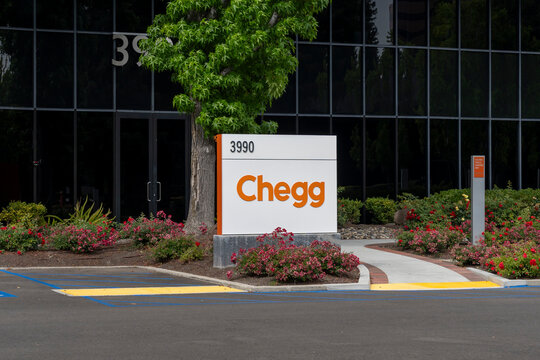 Santa Clara, CA, USA - June 10, 2023: Chegg ground sign outside its headquarters at 3990 Freedom Cir in Santa Clara, California, USA. Chegg is an American education technology company. 
