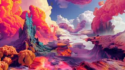 artistic image with vibrant colors, depicting a surreal landscape filled with bright hues and dynamic shapes