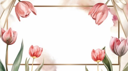 Lovely tulip flower with glitter gold ribbon line in watercolor hand painting style, wedding invitation, postcard, stationery illustration