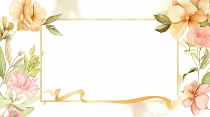 Lovely spring flowers and leaves with glitter gold ribbon line in watercolor hand painting style, wedding invitation, postcard, stationery illustration