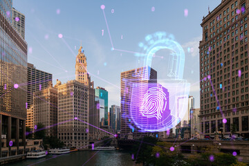 Chicago cityscape with a futuristic hologram of a security concept over the skyline, realistic...