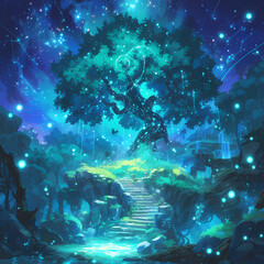 Illuminating Enchanted Landscape with Mystical Trees and Fairy Lights