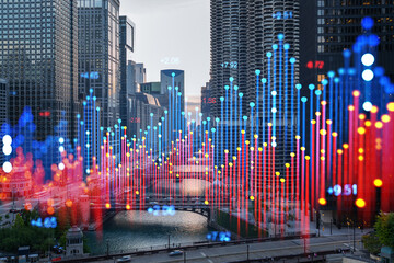 Chicago cityscape with digital stock market data overlay, realistic photographic style, on urban background, financial technology concept. Double exposure
