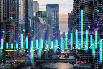 A double exposure image showing a cityscape with skyscrapers and a financial graph overlay,...