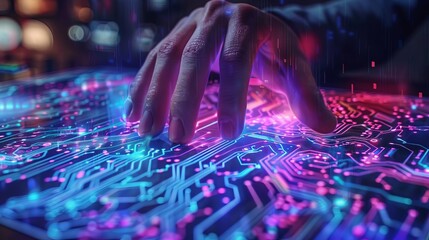 A digital artist working on a holographic interface, with a complex circuit board pattern in the background