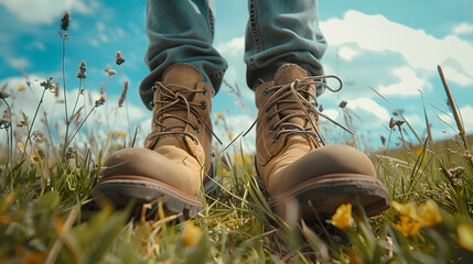 Close-up portrait of a pair of feet wearing brown boots in a meadow with a bright sky in the background
