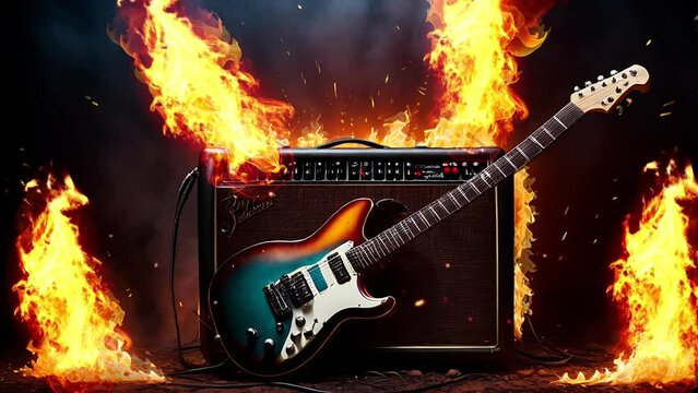 Electric Guitar on Fire: Fiery Display Symbolizing Metal Music