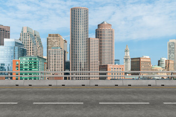 Empty urban asphalt road exterior with city buildings background. New modern highway concrete...