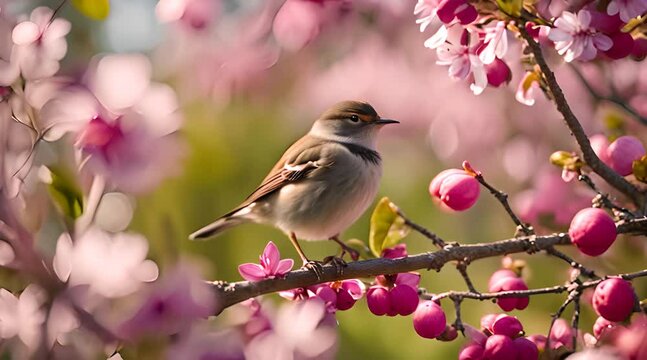 petit oiseau au milieu des arbres fruitiers en fleurs