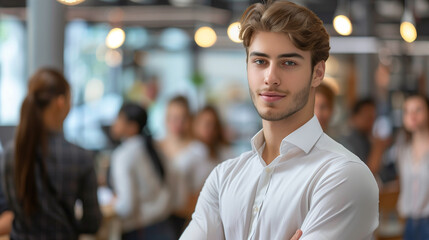 Fototapeta premium young entrepreneur team leader standing in front of his team, teamwork leadership concept, corporate people 