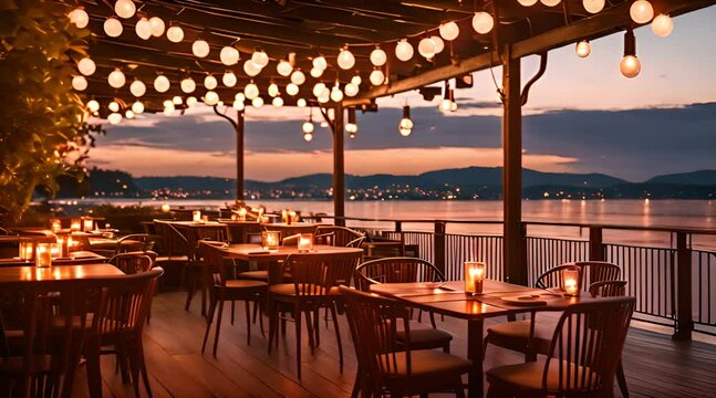 restaurant guinguette au bord de l'eau avec terrasse ombrag&eacute;e et guirlandes lumineuses