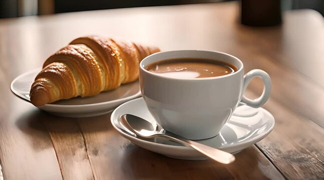 Tasse de caf&eacute; avec croissant dans une petite assiette pos&eacute; sur une table en bois, sc&egrave;ne de petit d&eacute;jeun&eacute;