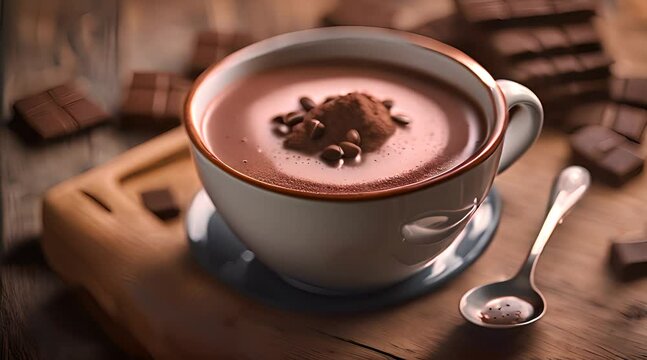 tasse de chocolat chaud maison sur une table en bois avec petite cuill&egrave;re