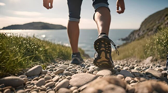 personne faisant une randonn&eacute;e avec des chaussures de marche en bord de mer sur un sentier littoral