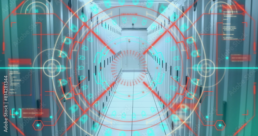 Poster image of mandala pattern in loading circles and computer language over server room