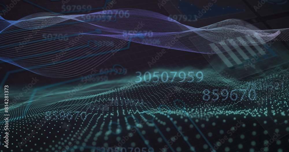 Poster image of multiple changing numbers and statistical data processing against digital wave
