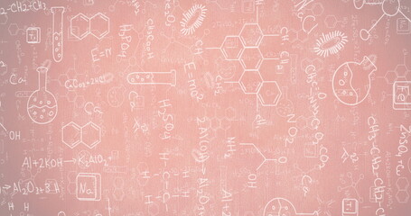 Image of science concept icons and formulas against pink gradient background