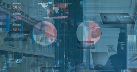 Image of infographic interface over unoccupied parked forklift in warehouse