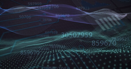 Image of multiple changing numbers and statistical data processing against digital wave