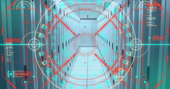 Image of mandala pattern in loading circles and computer language over server room
