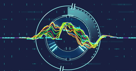 Image of data processing over round scanner against blue background