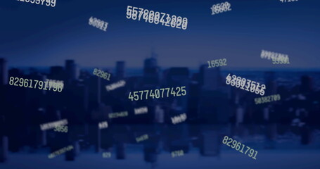 Image of multiple changing numbers against aerial view of cityscape