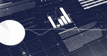 Image of statistical data processing over grid network against blue background