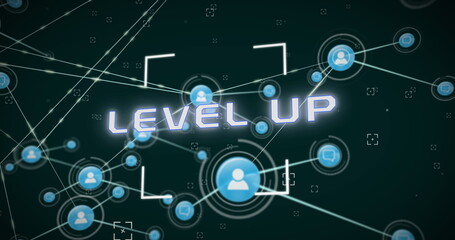 Fototapeta premium Image of network of connections and scope over level up text banner against green background