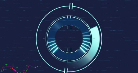 Image of financial data processing over round scanner against blue background