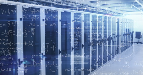 Image of mathematical equation and diagrams over server racks in server room