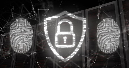 Image of fingerprints and padlock in shield over connected dots against server racks