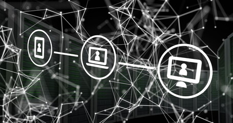 Image of connected icons and connected dots over server racks against black background