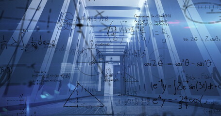Image of mathematical equations, diagrams and computer language, low angle view of server room