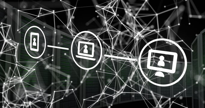 Image of connected icons and connected dots over server racks against black background